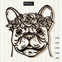 french bulldog with flower crown svg, frenchie dog face pup pet portrait vector frenchie cut file cricut silhouette /11
