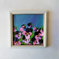 Pansies painting Pink Purple Flowers Texture painting Wall Decor Wildflowers Impasto painting Original artwork