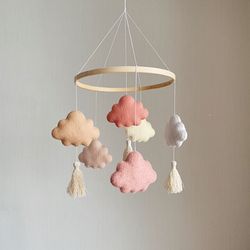 Boho baby mobile- Six clouds and macrame brushes- gift for newborn- crib mobile