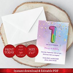 editable 1st birthday invitation with rainbow balloon. invitation, party announcement template