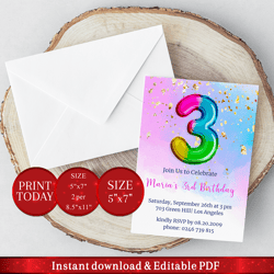 editable 3rd birthday invitation with rainbow balloon. invitation, party announcement template