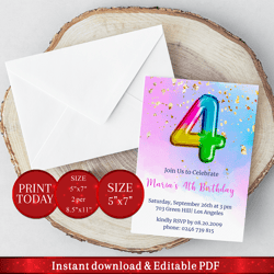 editable 4th birthday invitation with rainbow balloon. invitation, party announcement template