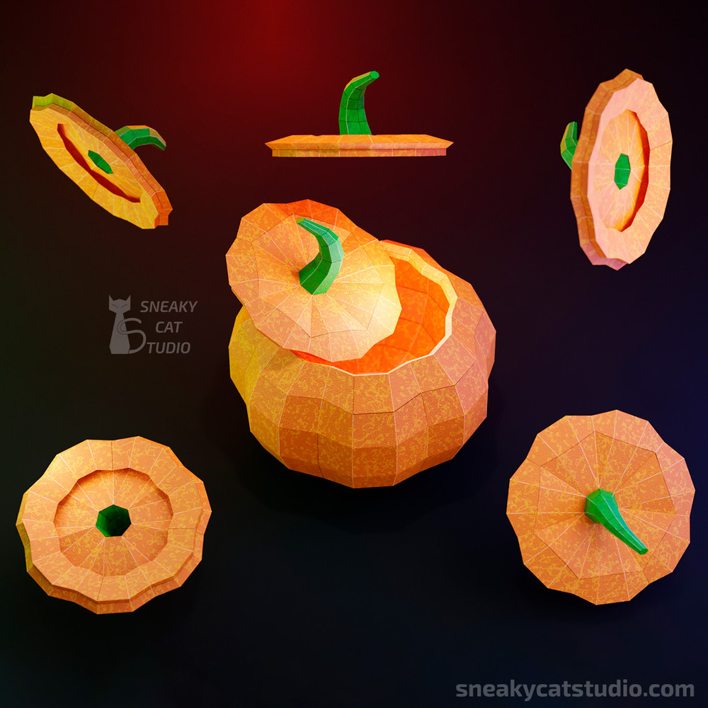 Geometric Paper Pumpkin with cap for sweets different view on a dark background
