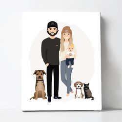 Custom family Portrait with pet, simple portrait, Family illustration