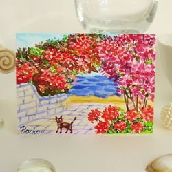 miniature south landscape with cat near the sea, aceo, watercolor