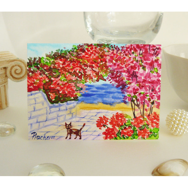 South Landscape with Cat near the Sea ACEO, Watercolor 01_1.jpg