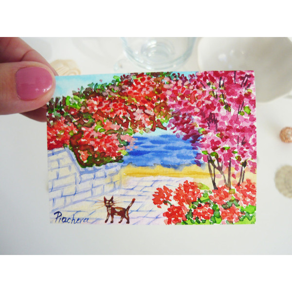 South Landscape with Cat near the Sea ACEO, Watercolor 03.JPG
