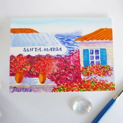 Miniature South Landscape with House near the Sea, ACEO, Watercolor