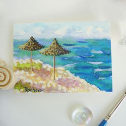 Miniature South Landscape with Umbrellas and Sea, watercolor painting seascape, water, waves, ACEO original