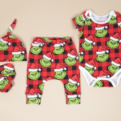 Stole Xmas set of 4: baby onesie, harem pants, knot hat and mittens, newborn outfit, baby boy outfit,baby girl outfit
