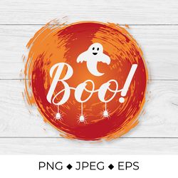 boo hand lettering with cute cartoon ghost and spiders. halloween sublimation.