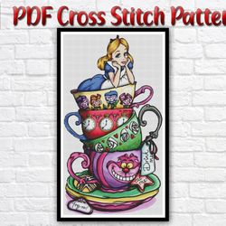 Alice In Wonderland Cross Stitch Pattern / Disney Cross Stitch Pattern / Princess PDF Cross Stitch Chart / Tea Cups