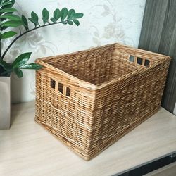 Beige rectangular wicker basket, Laundry basket, basket for mudroom, Shoe basket, basket for open cabinets, custom size