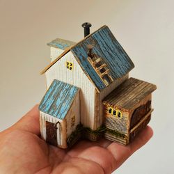 driftwood art farm house, small white house, miniature farmhouse, housewarming gift, eco gift to mom, tiny farmhouse