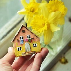 tiny yellow wooden house, house miniature, driftwood art, eco home decor, small wood house, orange little house