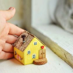 driftwood tiny yellow house, home decor, small wooden cattage, eco gift for mom, miniature handmade house, rainwood art