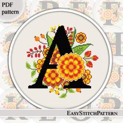Autumn monogram cross stitch pattern. Floral Letter A cross stitch. Autumn cross stitch.