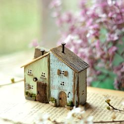 set of two tiny wooden houses, driftwood art, small house, eco gift, house miniature, blue house, green wood hoose