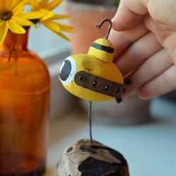 little wooden submarine, miniature driftwood art, gift to sailor, tiny submarine, yellow submarine