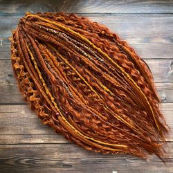 Bohemian set of textured DE dreadlocks and DE braids with curls red orange colors Ready to ship 21-22 inches