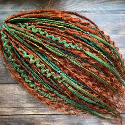Bohemian set of textured DE dreadlocks and DE braids with curls green orange colors Ready to ship 21-22 inches