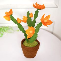 Easter cactus orange, fake plant, handmade gift for mom, shelf decor, bright accent of a room