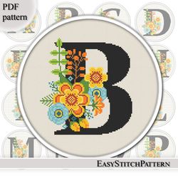 Floral Letter B cross stitch pattern. Monogram cross stitch. Flowers cross stitch.