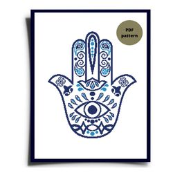 Blue Hamsa cross stitch pattern, Yoga cross stitch pattern, Om embroidery, Instant download, Digital PDF