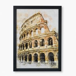watercolor coliseum art, printable rome poster, wall art, wall decor, digital coliseum, printable watercolor, watercolor