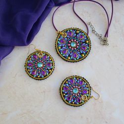 Leather pendant and earrings, Leather jewelry set for women, Mandala necklace, Chakra earrings, Hand painted jewelry set