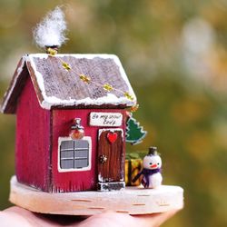 Christmas village house 4" where love lives with a snowman. Small wooden house. Merry christmas gift for wife