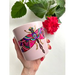 Ceramic pink mug with dragonfly/ hand painted art
