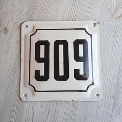 old soviet address house number plaque 909 - vintage white black enamel metal number sign