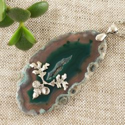 Green Agate Slice Slab Silver Acorn Oak Leaf Pendant Necklace Woodland Botanical Nature Forest Necklace Jewelry 5431