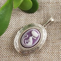 Cat Cameo Locket Necklace Purple White Vintage Cameo Silver Oval Locket Pendant Necklace Cat lover Gift Jewelry 7255