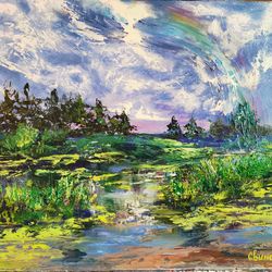 Rainbow River Pond Forest Sky Original Impasto Art Oil Painting Artist Svinar Oksana