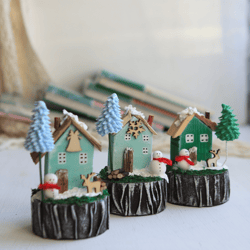 Tiny wooden house, clay Christmas tree, Handmade cottage, polymer clay snowman, Christmas gift, Christmas table decor
