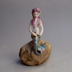 Mermaid Porcelain figurine, Shelf sitter figurine ,Ceramic sculpture, Seated figurine ,Fairy girl ,Sea siren