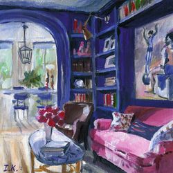 Dark blue interior with pink sofa. Original acrylic painting 8x8''