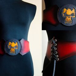 Red corset leather belt for LARP costume or fantasy cosplay.