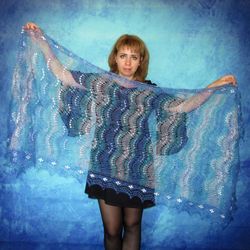 Blue-turquoise embroidered scarf,Warm Russian shawl,Hand knit Orenburg cape,Wool wrap,Goat down stole,Kerchief,Cover up