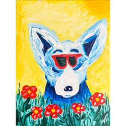 Blue Dog Painting Original Artwork "Shades of Hollywood with the Poppies" Original Canvas Art Acrylic Painting Nursery
