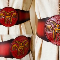 Red wide leather belt for LARP or Cosplay costume. Corset belt for Krampus cosplay.