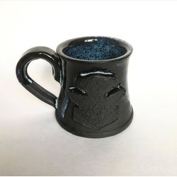 Black ceramic mug Thor Hammer Mjolnir Huginn and Muninn Black blue glazed dripping stoneware mug