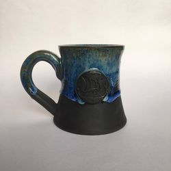 black ceramic mug Drakkar viking ship black and blue dripping stoneware mug