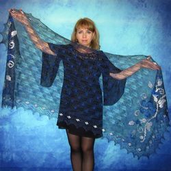 Dark navy blue embroidered scarf, Warm Russian Orenburg shawl, Goat wool wrap, Bridal cover up, Kerchief, Cape, Stole