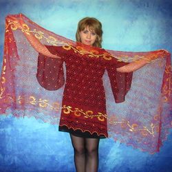 Red scarf with golden embroidery, Russian shawl, Knitted cover up, Wool wrap, Wedding stole, Warm bridal cape, Kerchief