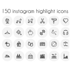 150 life style instagram highlight icons. White and black social media icons.
