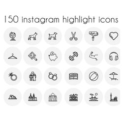 150 life style instagram highlight icons. white and black social media icons.