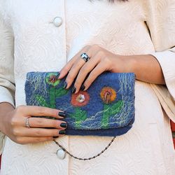 Felt clutch DENIM, Hand Made embroidered envelope wallet, design Felted women bag, handbag, gift for her, winter accesso